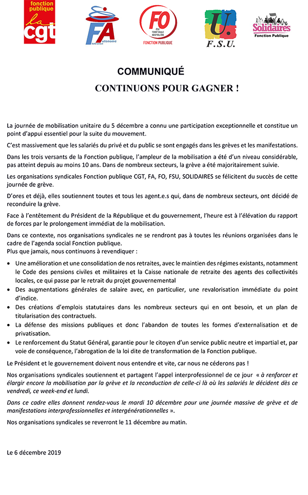Communiqué unitaire FP du 6 12 19