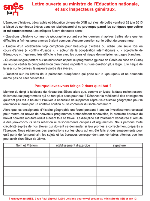 petition histoire geo brevet 2013